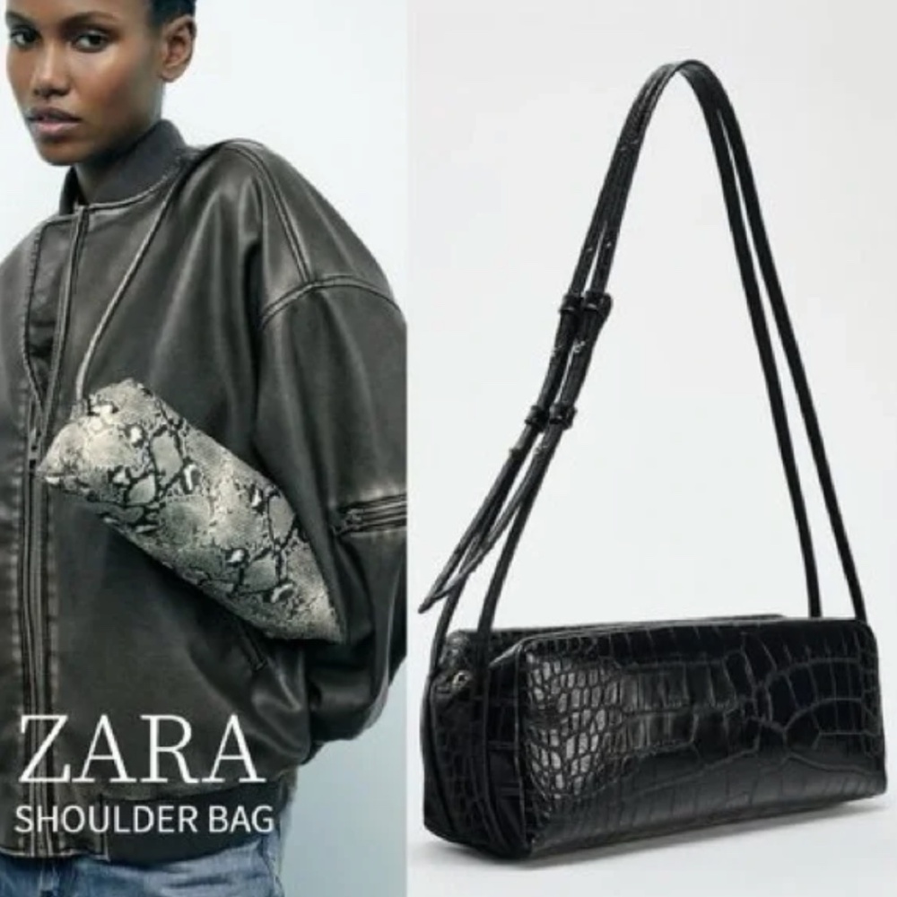 Zara elongated shoulder bag in embossed crocodile print Black NWT